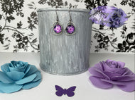 Purple Roses in Sterling Silver Heart Hook Earrings